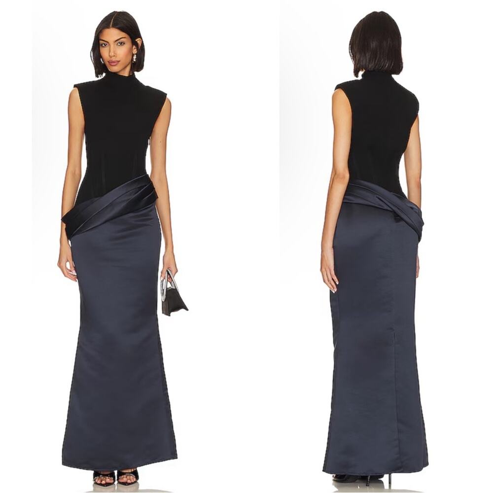 Nafsika Skourti Black and Navy The Trophy Mock Neck Maxi Gown Size UK 8
